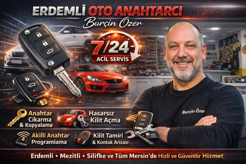 Erdemli oto anahtarcı Burçin Özer 7/24 acil servis, oto anahtar kopyalama, hasarsız kilit açma ve akıllı anahtar programlama Mersin